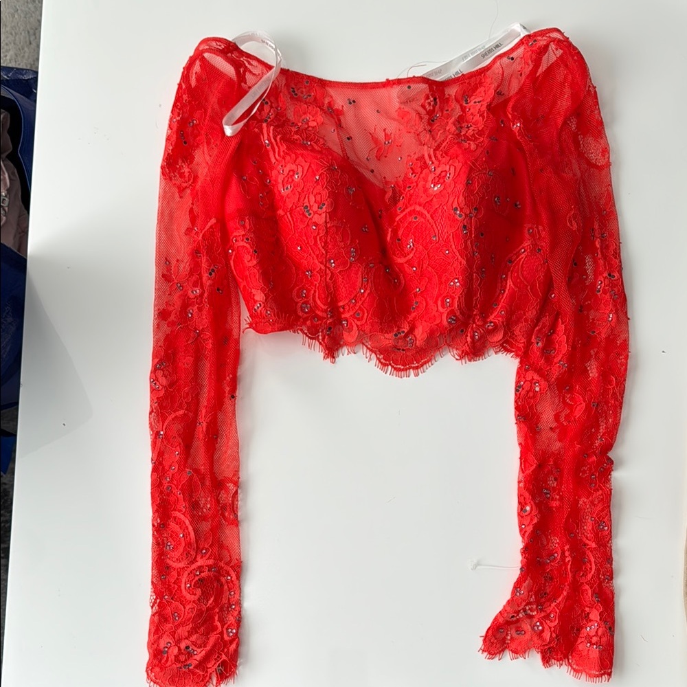 Sherri Hill Vibrant Red Embellished Lace Blouse
